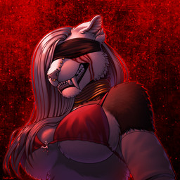 abstract_background anthro arm_warmers armwear bikini bikini_top blindfold blood_tears breasts choker clothing ears_back extreme_size_difference facial_piercing fangs female fur gore grin hair jewelry large_fangs long_hair looking_down macro micro necklace piercing pivoted_ears red_background red_clothing silhouette simple_background size_difference smile swimwear tattoo teeth two-piece_swimsuit under_boob white_body white_fur white_hair conditional_dnp ratte microsoft the_elder_scrolls dra'ni felid khajiit mammal vampire 1:1 2025 hi_res