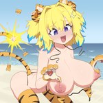 animal_print areola big_areola big_breasts big_nipples bikini blonde_hair blue_eyes blue_highlights blue_sky bodily_fluids breasts claws clothing crying cute_fangs day fangs female fur hair highlights_(coloring) huge_breasts inner_ear_fluff light_body light_skin nipples open_mouth orange_bikini orange_body orange_clothing orange_fur orange_swimwear outside pattern_clothing sand sea sky solo sparkles striped_clothing stripes swimwear teardrop tears teeth tiger_print tuft two-piece_swimsuit water cromachina bombergirl bomberman konami pine_(bombergirl) animal_humanoid felid felid_humanoid humanoid mammal mammal_humanoid pantherine pantherine_humanoid tiger_humanoid 1:1 absurd_res digital_media_(artwork) hi_res