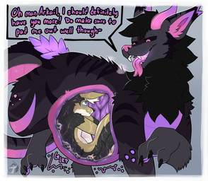 abdominal_bulge anthro blush bodily_fluids breath chyme digestion_implied digestion_noises duo imminent_digestion internal male oral_vore panting purple_insides purple_internal quadruped rumbling_stomach saliva size_difference steamy_breath tongue tongue_out vore x-ray_view arkailart mythology canid canine canis dragon jackal mammal mythological_creature mythological_scalie scalie zorgoia absurd_res hi_res