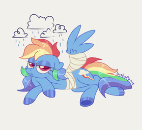 bandage bored cast cloud female looking_at_viewer raining simple_background solo text water wings bishopony friendship_is_magic hasbro my_little_pony mythology rainbow_dash_(mlp) equid equine horse mammal mythological_creature mythological_equine pegasus pony artist_name hi_res