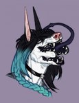 anthro black_collar black_hair blue_hair blue_tongue body_horror braided_hair collar fangs female forked_tongue grey_body hair multi_jaw narrowed_eyes open_mouth pink_inner_ear pink_nose solo teeth tongue tongue_out white_body white_eyes riorix canid mammal 2019 dated hi_res signature