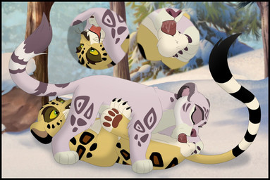 69_position balls bodily_fluids duo erection female feral fur genital_fluids genitals licking male male/female markings oral sex smile spots spotted_body spotted_fur sucking tongue kaion disney the_lion_guard the_lion_king chuluun makucha felid leopard mammal pantherine snow_leopard hi_res