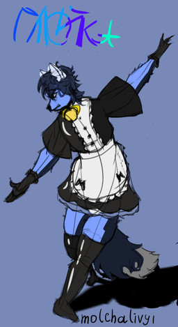 action_pose anthro bell bell_collar blue_body blue_hair clothed clothing collar feet gloves hair handwear legwear maid_uniform male pose serious simple_background solo stockings tail text uniform skrity canid canine fox mammal artist_name colored digital_drawing_(artwork) digital_media_(artwork) hi_res russian_text shaded signature sketch translated watermark