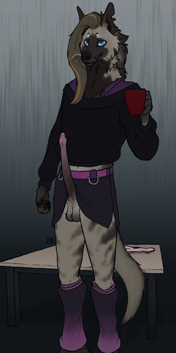 anatomically_correct animal_genitalia animal_penis anthro blue_eyes bottomwear clothed clothing container crossdressing cup erection furniture genitals hair holding_container holding_cup holding_mug holding_object hyaenid_penis leg_warmers legwear looking_at_viewer male mug notched_ear panties penis skirt solo stripes table underwear strana_(artist) strana_(character) hyena mammal striped_hyena absurd_res hi_res