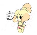 anthro blush blush_stickers breasts butt clothed clothing dialogue female fur hair looking_at_viewer looking_back open_mouth rear_view simple_background solo speech_bubble text yellow_body yellow_fur vallycuts animal_crossing nintendo isabelle_(animal_crossing) canid canine canis domestic_dog mammal shih_tzu toy_dog english_text low_res