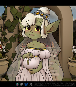 accessory biped blush breasts clothed clothing detailed_background dress eyelashes female flower flower_in_hair freckled_arms freckled_ears freckled_face freckled_shoulders freckles gold_(metal) gold_jewelry green_body hair hair_accessory jewelry long_eyelashes looking_at_viewer outside plant pregnant pregnant_female pupils ring solo wedding_dress white_clothing white_hair bonnytoad goblin humanoid absurd_res hi_res