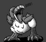 4_toes beak black_eyes claws feather_tuft feathered_wings feathers feet glistening grey_background open_mouth pixelated shadow simple_background striped_beak text toes tuft wings charrcoal flygon_(artist) ragnarok_online avian peco_peco digital_media_(artwork) english_text greyscale monochrome pixel_(artwork)