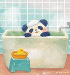 bathing bathtub blush chibi detailed_background solo steam tongue tongue_out towel water araru bear giant_panda mammal 2024 hi_res