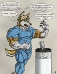 anthro athletic biceps big_muscles biped black_nose blonde_hair bodily_fluids bottomwear brown_body brown_fur canid canine canis clothing comic cum cum_in_a_cup cum_in_container dialogue doctor's_office english_text fangs fur genital_fluids green_eyes grey_body grey_fur growth hair hi_res looking_at_hand male mammal muscle_growth muscular muscular_anthro muscular_male nipple_outline nipples nurse open_mouth pants pawpads pecs permanent permanent_transformation pose scrubs shirt shocked solo standing tan_body tan_fur teeth text tongue topwear torn_clothing transformation transformation_through_cum verbal_reaction_to_tf wolf worried zeusralo