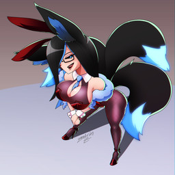 bare_shoulders black_body black_fur black_hair black_sclera blue_body blue_eyes blue_fur blue_hair blue_highlights breasts bunny_costume cleavage cleavage_cutout clothed clothing costume cuffs_(clothing) cutout dipstick_tail eyewear fake_ears fangs female footwear fox_ears fox_tail fur glasses hair hair_over_eye hands_on_knee hands_on_leg high-angle_view high_heels highlights_(coloring) inner_ear_fluff leaning leaning_forward legwear leotard long_hair looking_aside markings multi_tail multicolored_hair necktie necktie_between_breasts open_mouth open_smile sharp_teeth shoes side_boob simple_background smile solo stockings tail tail_markings teeth tuft two_tone_hair zedrin honoka_(zedrin) animal_humanoid canid canid_humanoid canine canine_humanoid fox_humanoid humanoid mammal mammal_humanoid 1:1 2023 hi_res signature