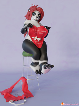 anthro big_breasts black_lips blue_eyes breasts curvy_figure eyebrows eyelashes female furniture hair happy heterochromia holidays lips long_hair ponytail pose red_hair smile smiling_at_viewer solo stool text thick_thighs wide_hips yellow_eyes xelli blizzard_entertainment valentine's_day warcraft mio_(xelli) bear giant_panda mammal pandaren 3:4 3d_(artwork) blender_(artwork) blender_cycles_(artwork) digital_media_(artwork) hi_res pinup url
