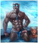 abs anthro athletic balls balls_outline biceps blue_eyes blue_hair blush border brown_nose bulge clothed clothing clothing_aside detailed_bulge duo erection eyewear fangs foreskin front_view fur genital_outline genitals glans goggles grey_body grey_fur grey_hair grin hair humanoid_genitalia humanoid_penis instructor looking_at_genitalia looking_at_penis looking_down male male/male muscular nipples open_mouth partially_submerged pecs penis penis_poking_out pink_nose sitting smile speedo standing surprise swimming_pool swimwear teeth thick_penis tongue topless underwear underwear_aside unprofessional_behavior vein veiny_muscles veiny_penis water wet whistle_(object) white_border white_hair cheetahpaws felid mammal pantherine hi_res