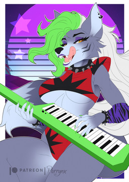 anthro bottomwear breasts clothing collar female fur green_hair grey_body grey_fur hair keyboard_instrument keytar licking licking_lips licking_own_lips makeup musical_instrument patreon_logo red_clothing seductive smile solo spiked_collar spikes synthwave text tongue tongue_out topwear under_boob white_hair yellow_eyes purrynx five_nights_at_freddy's five_nights_at_freddy's:_security_breach patreon scottgames steel_wool_studios roxanne_wolf canid canine canis mammal wolf 2023 artist_name digital_media_(artwork) hi_res