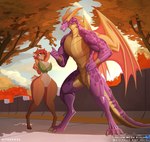 anthro autumn autumn_leaves castle_wall clothing curvy_figure detailed_background digitigrade female green_clothing green_eyes green_shirt green_topwear hair hooved_toes hooves hourglass_figure hourglass_figured_female male muscular muscular_male plant predator/prey purple_body purple_eyes red_hair shirt thick_thighs topwear tree wings hiverdose activision mythology spyro_the_dragon elora spyro deer dragon faun humanoid mammal mythological_creature mythological_scalie scalie absurd_res hi_res