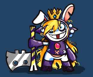 anthro axe black_clothing black_footwear black_high_heels blonde_hair blue_background blue_eyes clothed clothed_anthro clothed_female clothing crazy_eyes crown female female_anthro footwear fur hair handwear headgear high_heels holding_axe holding_object light long_ears long_hair looking_at_viewer messy_hair missing_tooth mittens multicolored_body noseless notched_ear pantsless_anthro pantsless_female purple_clothing purple_footwear purple_handwear purple_mittens purple_shirt purple_socks purple_topwear shirt shoes simple_background smile smiling_at_viewer socks solo standing tan_body tan_inner_ear tan_skin teeth tooth_gap toothy_smile topwear two_tone_body white_body white_fur altermentality mario_bros mario_plus_rabbids_kingdom_battle nintendo raving_rabbids rayman_(series) ubisoft fan_character rabbid_wapeach wapeach lagomorph mammal rabbid 2023 colored crossover digital_drawing_(artwork) digital_media_(artwork) english_description full-length_portrait lighting portrait shaded