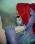 anthro blue_body blue_skin blurred_background duo erection eye_patch eyewear female genitals hair humanoid_genitalia humanoid_penis looking_up male male/female open_mouth penis penis_grab red_hair sharp_teeth teeth yellow_eyes wo262 undertale undertale_(series) undyne fish marine 4:5 hi_res