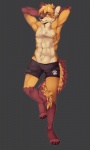 4_toes abs amber_eyes anthro biceps biped black_clothing black_nose black_underwear blonde_hair boxers_(clothing) brown_body brown_fur claws clothed clothing digitigrade feet front_view fur gloves_(marking) grey_background hair hands_behind_head hindpaw leg_markings looking_at_viewer male markings muscular muscular_anthro muscular_male orange_body orange_eyes orange_fur orange_hair paws pecs raised_arm simple_background smile socks_(marking) solo standing tail tail_between_legs tan_body tan_fur toes topless underwear ookami-kun dedran canid canine mammal 2013 hi_res