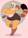 anthro areola areola_slip barefoot big_breasts black_body black_fur bottomwear breasts brown_body brown_fur cleavage clothed clothing collar cute_fangs facial_markings fangs feet female fur gesture hand_gesture head_markings huge_breasts huge_thighs looking_at_viewer markings multicolored_body multicolored_fur navel on_one_leg one_eye_closed open_mouth open_smile orange_body orange_fur shirt shorts slightly_chubby slightly_chubby_anthro slightly_chubby_female smile smiling_at_viewer solo standing striped_markings striped_tail stripes tail tail_markings teeth text text_on_clothing text_on_shirt text_on_topwear thick_thighs topwear v_sign white_body white_fur wink winking_at_viewer low_res_art kiki_(low_res_art) ailurid mammal red_panda hi_res signature watermark