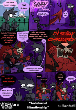 8_panel_comic alternative_fashion analog_clock arm_tattoo armwear back_wings bass_guitar black_body black_feathers black_sclera blood bodily_fluids bone boots bottomwear bracelet clock clothing collar crop_top crying_blood curved_horn devil_horns_(gesture) dialogue duo_focus fangs feathers female fishnet_armwear fishnet_clothing fishnet_legwear footwear gesture goth grandfather_clock group guitar half-closed_eyes hand_gesture holding_guitar holding_musical_instrument holding_object horn humor jewelry legwear male membrane_(anatomy) membranous_wings miniskirt muscle_tone muscular muscular_humanoid muscular_male musical_instrument narrowed_eyes neck_tattoo open_mouth open_smile pants pecs plucked_string_instrument punk red_body red_membrane red_skin sharp_teeth shirt shoes skirt skull skull_head smile speech_bubble string_instrument studded_bracelet studded_collar studded_jewelry studs tank_top tattoo tears teeth text topwear torn_bottomwear torn_clothing torn_pants white_body white_feathers wide_eyed wings happyroadkill deborah_dove satan vixen_"fuck-alliteration"_raven avian bird columbid corvid corvus_(genus) demon demon_humanoid dove humanoid oscine passerine raven absurd_res comic english_text hi_res trans_(lore) trans_woman_(lore)