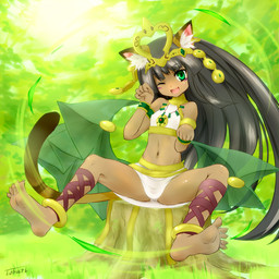 5_toes anklet armlet bangle barefoot black_hair bracelet cat_tail clothed clothing dark_body dark_skin feet female foot_focus green_eyes hair headdress humanoid_feet jewelry long_hair looking_at_viewer midriff navel nipple_outline one_eye_closed paw_pose plantigrade pose soles solo tail toes wink awayuki_tobari puzzle_and_dragons bastet_(puzzle_and_dragons) animal_humanoid cat_humanoid felid felid_humanoid feline feline_humanoid humanoid mammal mammal_humanoid 1:1 hi_res