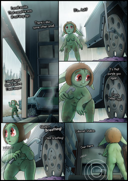 black_border border breasts butt detailed_background dirty female genitals green_body green_skin holding_object holding_weapon inner_monologue medium_breasts nipples nude pointy_ears pubes raining red_eyes ruins short_stack solo text thinking vehicle vulva weapon greenbuncafe goblin humanoid mammal absurd_res colored comic digital_drawing_(artwork) digital_media_(artwork) english_text hi_res shaded signature
