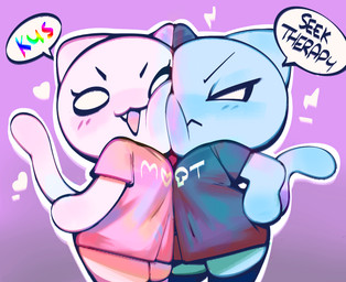 >:< >:d anthro bald biped blue_body blue_fur blue_tail blush blush_lines bottomless cheek_to_cheek chibi clothed clothed_anthro clothed_female clothing cute_fangs duo empty_eyes eyebrows face_squish fangs featureless_hands female female/female fur heart_symbol insult mouth_closed narrowed_eyes noseless open_mouth open_smile purple_background rainbow_text shirt shirt_only simple_background simple_eyes smile speech_bubble squish standing stylized_empty_eyes tail talking_to_another teeth text text_on_clothing text_on_shirt text_on_topwear topwear topwear_only white_body white_fur white_tail ligma_(artist) 4chan moot moot_(4chan) woot_(4chan) domestic_cat felid feline felis mammal 2025 digital_media_(artwork) english_text hi_res shaded soft_shading