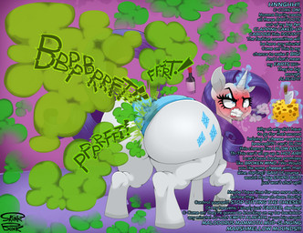 angry bared_teeth big_butt blue_eyelids blue_text blush bodily_fluids bottle breath butt cheese clothed clothed_feral clothing container curly_hair cutie_mark dairy_products diamond_(marking) drooling eyebrows eyelashes fart fart_cloud fart_fetish female feral food glowing glowing_horn green_fart_cloud grey_hooves hair hooves horn huge_butt hyper hyper_butt knife lips long_hair long_tail looking_back magic mane markings onomatopoeia pink_background purple_hair purple_mane saliva simple_background solo sound_effects stained_clothing stained_underwear straining tail teeth text thick_lips underwear unicorn_horn white_body white_butt white_face white_horn white_legs skunk_bunk friendship_is_magic hasbro my_little_pony mythology rarity_(mlp) equid equine mammal mythological_creature mythological_equine unicorn absurd_res digital_media_(artwork) english_text hi_res signature