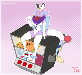 anthro blush breasts bunny_costume casino clothing costume female fluffy fluffy_ears fluffy_tail fur horn looking_at_viewer micro multicolored_body multicolored_fur one_eye_closed pink_body pink_fur pink_tail princess purple_body purple_fur royalty shrunk slot_machine solo tail tail_fluff two_tone_body uniform wings wink winking_at_viewer yellow_eyes yellow_horn yellow_tail digitalscales mythology petal_(dapperhedgehog) dragon fairy_dragon furred_dragon furred_scalie lizard mythological_creature mythological_scalie reptile scalie winged_dragon absurd_res hi_res