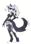 anthro armwear biped black_bottomwear black_clothing black_legwear black_nose black_shirt black_shorts black_stockings black_topwear bottomwear claws clothed clothed_anthro clothed_female clothing crop_top ear_piercing elbow_gloves eyebrow_piercing eyebrows eyelashes facial_piercing female fluffy fluffy_tail fur gloves grey_body grey_fur grey_hair hair handwear legwear looking_at_viewer multicolored_body multicolored_fur paws piercing red_sclera shirt shorts simple_background solo standing stockings tail topwear torn_clothing torn_legwear torn_stockings two_tone_body two_tone_fur two_tone_tail white_body white_fur akrost helluva_boss mythology loona_(helluva_boss) canid canid_demon canine demon hellhound mammal mythological_canine mythological_creature hi_res