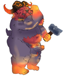 2_horns anthro arm_hair ball_tuft balls beard belly_hair black_body black_horn bodily_fluids body_hair braided_beard braided_mustache closed_frown dripping erection eyebrows facial_hair flexing flexing_bicep frown fur genital_fluids genitals grumpy hairy_balls hammer holding_hammer holding_object holding_tool horn horn_markings lava male markings mature_anthro mature_male mouth_closed multicolored_horn muscular muscular_arms mustache navel nude overweight overweight_anthro overweight_male penis precum precum_drip pubes red_body red_fur red_markings red_pubes simple_background slightly_chubby slightly_chubby_anthro slightly_chubby_male solo standing thick_eyebrows tools tuft kairo_keen league_of_legends riot_games tencent ornn_(lol) bovid caprine demigod mammal hi_res