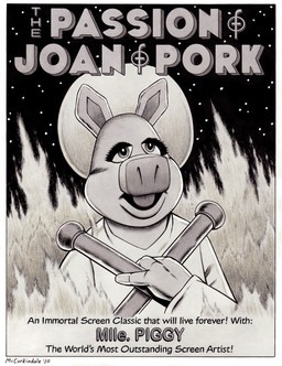 4_fingers anthro bald border cloak clothed clothed_anthro clothed_female clothing cross eyelashes female female_anthro fingers fire front_view halo looking_at_viewer movie_poster night parody pose poster poster_template snout solo star text thick_eyelashes title white_border bruce_mccorkindale muppets the_muppet_show the_passion_of_joan_of_arc miss_piggy domestic_pig mammal suid suine sus_(pig) 2020 artist_name bust_portrait crossover dated digital_drawing_(artwork) digital_media_(artwork) english_text greyscale handwritten_text hi_res monochrome portrait shaded simple_shading
