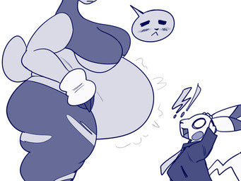 3_fingers :< ambiguous_anthro ambiguous_gender anthro belly big_belly biped bloated blue_emanata blue_text blush blush_lines bottomwear circle_eyes clothed clothed_ambiguous clothed_anthro clothed_female clothing cotton_tail cutaway dipstick_ears duo ear_markings emanata expression_cutaway female female_anthro fingers floppy_ears hand_on_hip interrobang jacket larger_anthro larger_female looking_down looking_down_at_another looking_up_at_another lop_ears love_handles midriff multicolored_ears necktie obese obese_anthro obese_female onomatopoeia overweight overweight_anthro overweight_female rabbit_ears rosy_cheeks shocked simple_background size_difference smaller_ambiguous smaller_anthro sound_effects speech_bubble standing suit text thick_thighs topwear torn_bottomwear torn_clothing weight_conscious white_background wrist_fluff cocoalop12 nintendo pokemon generation_1_pokemon generation_4_pokemon generation_6_pokemon lagomorph lopunny mammal mega_evolution mega_lopunny pikachu pokemon_(species) rodent 2025 blue_and_white english_description hi_res monochrome