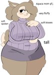 anthro big_breasts biped black_eyes bottomwear breasts brown_body brown_claws brown_fur claws clothed clothing female fur furgonomics half-closed_eyes huge_breasts mature_female multicolored_body multicolored_fur narrowed_eyes pencil_skirt purple_bottomwear purple_clothing purple_skirt purple_sweatshirt simple_background skirt smile solo standing tail tail_through_skirt tan_body tan_face text two_tone_body two_tone_fur white_background puppkittyfan1 alpaca camelid mammal digital_media_(artwork) english_text hi_res model_sheet portrait three-quarter_portrait