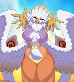 anthro beak big_breasts biped blush breasts clothing curvy_figure eyelashes feathered_wings feathers female front_view navel neck_tuft non-mammal_breasts non-mammal_navel open_beak open_mouth outstretched_arms red_eyes red_sclera solo standing thick_thighs tuft white_body white_feathers wide_hips wings lyorenth-the-dragon mythology avian gryphon mythological_avian mythological_creature 2026 digital_media_(artwork) hi_res
