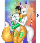 anthro big_breasts black_hair blue_eyes breast_fondling breast_play breasts clothing duo female female/female fondling fur genitals gloves hair hand_on_breast handwear nipples nude pussy simple_background stripes white_body white_fur yellow_body yellow_fur thunder-renamon bandai_namco digimon renamon_(nhalafallon) canid canine digimon_(species) gatomon mammal renamon digital_media_(artwork) hi_res