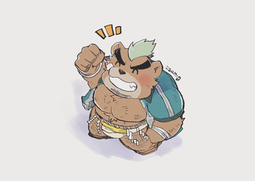 anthro asian_clothing blush brown_body brown_fur chibi clothed clothing east_asian_clothing eyebrows fur grin jacket japanese_clothing male mawashi open_clothing open_jacket open_topwear smile solo stubble thick_eyebrows topwear igarashi_ta lifewonders tokyo_afterschool_summoners ashigara_(tas) bear mammal hi_res