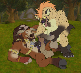 abs anthro balls bodily_fluids detailed_background duo ear_piercing erection feet fingers foreskin forest fur genital_fluids genitals hair hand_on_penis holding_penis hooves horn humanoid_genitalia humanoid_penis leaking_precum long_foreskin looking_at_genitalia looking_at_penis lying male male/male muscular muscular_anthro muscular_male nature nude on_back open_mouth outdoor_nudity outside pecs penis penis_touching piercing plant precum precum_string pubes spread_legs spreading tail teeth tight_foreskin toes tongue tongue_out tree dracovar_valeford blizzard_entertainment warcraft drakirion bovid bovine hyena mammal tauren absurd_res digital_media_(artwork) hi_res story story_in_description