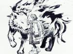 ainu_clothing bow_(weapon) duo feral holding_object holding_weapon quiver_(object) ranged_weapon simple_background weapon white_background wa golden_kamuy asirpa retar canid canine canis human mammal wolf 4:3 monochrome