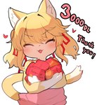 accessory anthro biped blonde_hair blush blush_lines clothed clothing dipstick_tail dress eyebrow_through_hair eyebrows eyelashes eyes_closed female food fur hair hair_accessory hair_ribbon heart_symbol inner_ear_fluff kemono markings open_mouth open_smile pink_clothing pink_dress red_ribbon ribbons simple_background smile solo tail tail_markings thank_you translucent translucent_hair tuft yellow_body yellow_fur nyankone himeka_(nyankone) domestic_cat felid feline felis mammal 2024 absurd_res hi_res