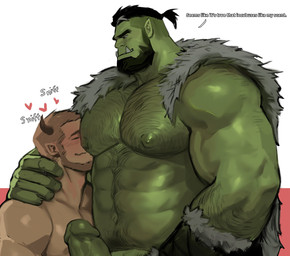 abs arm_hair armpit_fetish armpit_sniffing beard black_hair body_hair chest_hair duo facial_hair fangs genitals green_body green_skin hair happy_trail humanoid_pointy_ears male male/male muscular muscular_humanoid muscular_male nipples pecs penis pointy_ears sniffing teeth dopq demon humanoid orc hi_res