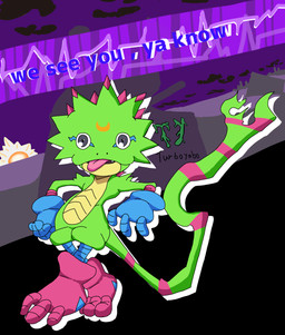 anthro green_body green_scales male markings scales solo striped_markings striped_tail stripes tail tail_markings tongue tongue_out turboyabo atlus bandai_namco digimon megami_tensei persona_(series) persona_5 sega digimon_(species) gekkomon scalie absurd_res hi_res