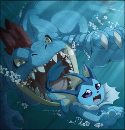3_toes 4_fingers ambiguous_gender ambiguous_pred ambiguous_prey barefoot black_border blue_background blue_body blue_fur blue_scales blue_skin border bubble claws danger duo escape extended_arm fangs feet female feral feral_pred feral_prey fin fingers front_view fur fur_tuft head_crest high-angle_view imminent_vore larger_ambiguous long_tail looking_at_another membrane_(anatomy) motion_lines nude open_mouth oral_vore outside paws pink_tongue purple_eyes quadruped scales scared simple_background size_difference smaller_ambiguous swimming tail tail_fin teeth three-quarter_view toes tongue tuft underwater vore water white_claws year yellow_eyes incredibleediblecalico nintendo pokemon alligatorid canid canine crocodilian eeveelution feraligatr generation_1_pokemon generation_2_pokemon mammal pokemon_(species) reptile scalie vaporeon 2020 blue_theme dated digital_drawing_(artwork) digital_media_(artwork) hi_res signature