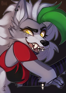 anthro arm_tuft arm_warmers armwear black_background bracelet breasts clothing crop_top ear_piercing ear_ring elbow_tuft eyebrows eyelashes eyeshadow fangs female female_anthro fur glowing glowing_eyes gradient_background green_hair grey_body grey_fur grey_hair hair jewelry lips long_hair looking_at_viewer makeup medium_breasts open_mouth open_smile pattern_arm_warmers pattern_armwear pattern_clothing piercing purple_arm_warmers purple_armwear purple_clothing purple_eyeshadow red_clothing red_shirt red_topwear ring_piercing sharp_teeth shirt shoulder_pads simple_background sleeveless_shirt smile smiling_at_viewer solo spiked_bracelet spikes striped_arm_warmers striped_armwear striped_clothing stripes teeth tongue topwear tuft yellow_eyes paggi five_nights_at_freddy's five_nights_at_freddy's:_security_breach scottgames steel_wool_studios roxanne_wolf canid canine canis mammal wolf 2022 digital_drawing_(artwork) digital_media_(artwork) english_description hi_res portrait watermark