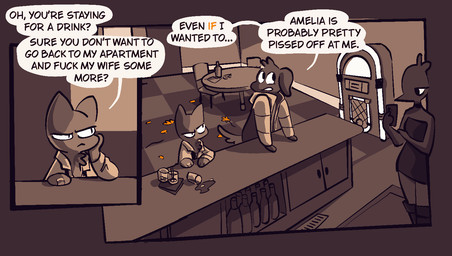 accessory alcohol annoyed anthro bar beverage boots bored bottle cellphone checking_phone clothed clothing container dialogue digit_ring dress electronics female footwear jacket jewelry jukebox male necktie open_clothing open_shirt open_topwear phone profanity ring shirt shoes smartphone speech_bubble spilled_drink text topwear wedding_ring vanilla_candy amelia_is_calling avian bird canid canine canis domestic_cat domestic_dog felid feline felis mammal comic english_text restricted_palette