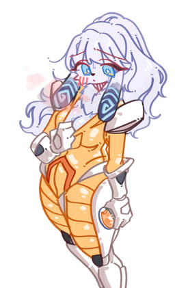 anthro armor bangs big_breasts black_nose blue_eyes blush blush_lines bodily_fluids breasts clothed clothing eyelashes female fur hair high-angle_view holding_object long_hair looking_at_breasts looking_at_own_breasts looking_at_self simple_background solo sweat white_background white_body white_fur white_hair kgs701 lagomorph leporid mammal rabbit colored digital_drawing_(artwork) digital_media_(artwork) hi_res