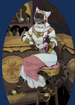 anthro bottle claws clothed clothing container dark_body dark_fur ear_twitch embroidery fangs felina'ma female fur furniture jewelry relaxing robe solo spots stool teeth whiskers white_clothing white_robe hakuryuorion microsoft the_elder_scrolls domestic_cat felid feline felis khajiit mammal animated