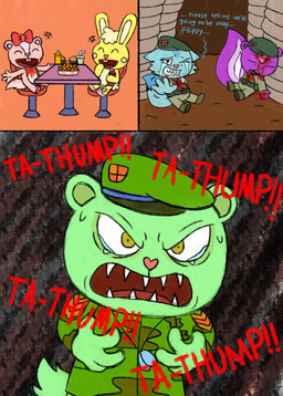4_fingers anthro army_uniform belt black_background blood blue_body blue_fur bodily_fluids bunny_slippers camo color_coded_text cotton_tail dialogue dog_tags female female_anthro fingers food fur green_body green_fur heart_nose heart_symbol ketchup lying male male_anthro markings open_mouth pink_body pink_fur ptsd purple_body purple_fur rosy_cheeks sharp_teeth short_ears simple_background striped_markings striped_tail stripes sweat tail tail_markings tears teeth text utility_belt white_body yellow_body yellow_fur nikko-kai-cutie happy_tree_friends cuddles_(htf) fan_character flippy_(htf) fliqpy_(htf) giggles_(htf) bear canid canine canis chipmunk ground_squirrel lagomorph leporid mammal rabbit rodent sciurid wolf 2020 absurd_res comic english_text hi_res