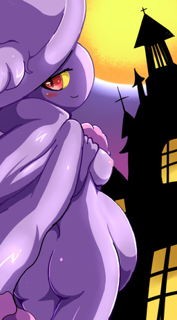 areola belly big_belly big_butt blush breasts building butt cape clothing female hat headgear headwear looking_at_viewer looking_back moon night nipples outside pink_nipples pokemorph pregnant pregnant_female purple_body rear_view red_eyes smile solo standing wide_hips yellow_sclera tokemaru nintendo pokemon generation_4_pokemon ghost mismagius pokemon_(species) spirit 2017 hi_res
