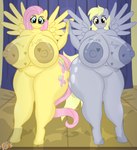 anthro anthrofied areola big_breasts body_writing breasts duo featureless_crotch female grey_areola grey_nipples huge_breasts nipples thick_thighs wings yellow_areola yellow_nipples cogsfixmore friendship_is_magic hasbro my_little_pony mythology derpy_hooves_(mlp) fluttershy_(mlp) equid equine mammal mythological_creature mythological_equine pegasus absurd_res hi_res