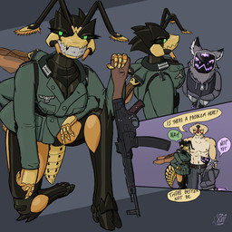 4_arms anthro assault_rifle blood bodily_fluids breasts cleavage clothed clothing crossed_arms dialogue exoskeleton female glaring_at_another glowing glowing_eyes group gun hands_on_hips hoodie larger_male machine male male/female missing_tooth multi_arm multi_limb muscular muscular_male nazi nazi_uniform ranged_weapon rifle simple_background size_difference smaller_male smile smiling_at_viewer stg-44 swastika topwear trio weapon xvii_(artist) miles_beetz_(xvii) stars_(xvii) vestraea_(xvii) arthropod bird_dog canid canine canis domestic_dog golden_retriever hunting_dog hymenopteran insect mammal protogen retriever vespid wasp yellowjacket_(wasp) 1:1